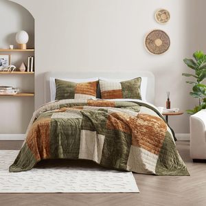 Ensemble de couette patchwork Couvre-<span class=keywords><strong>lit</strong></span> en <span class=keywords><strong>velours</strong></span> ultra-doux Couvre-<span class=keywords><strong>lit</strong></span> en <span class=keywords><strong>velours</strong></span> léger Design patchwork vert et beige - Product Image 3