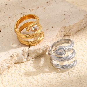 Stainless Steel Twisted Layered Open <b>Ring</b> 18K Gold Plated Teardrop Zircon Inlaid Statement <b>Finger</b> <b>Ring</b> Trendy Women Jewelry Gift - Product Image 6