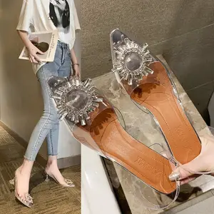 Sepatu Hak Transparan Wanita, Sandal Merek Tali Hak Transparan Stiletto Bening PVC untuk Wanita