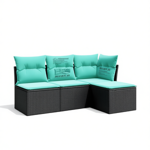 ชุดโซฟาหวายสังเคราะห์สีดำพร้อมเบาะรองนั่ง เฟอร์นิเจอร์กลางแจ้งสไตล์ร่วมสมัย สำหรับ 4 ที่นั่ง ดีไซน์ทันสมัย - Product Image 1