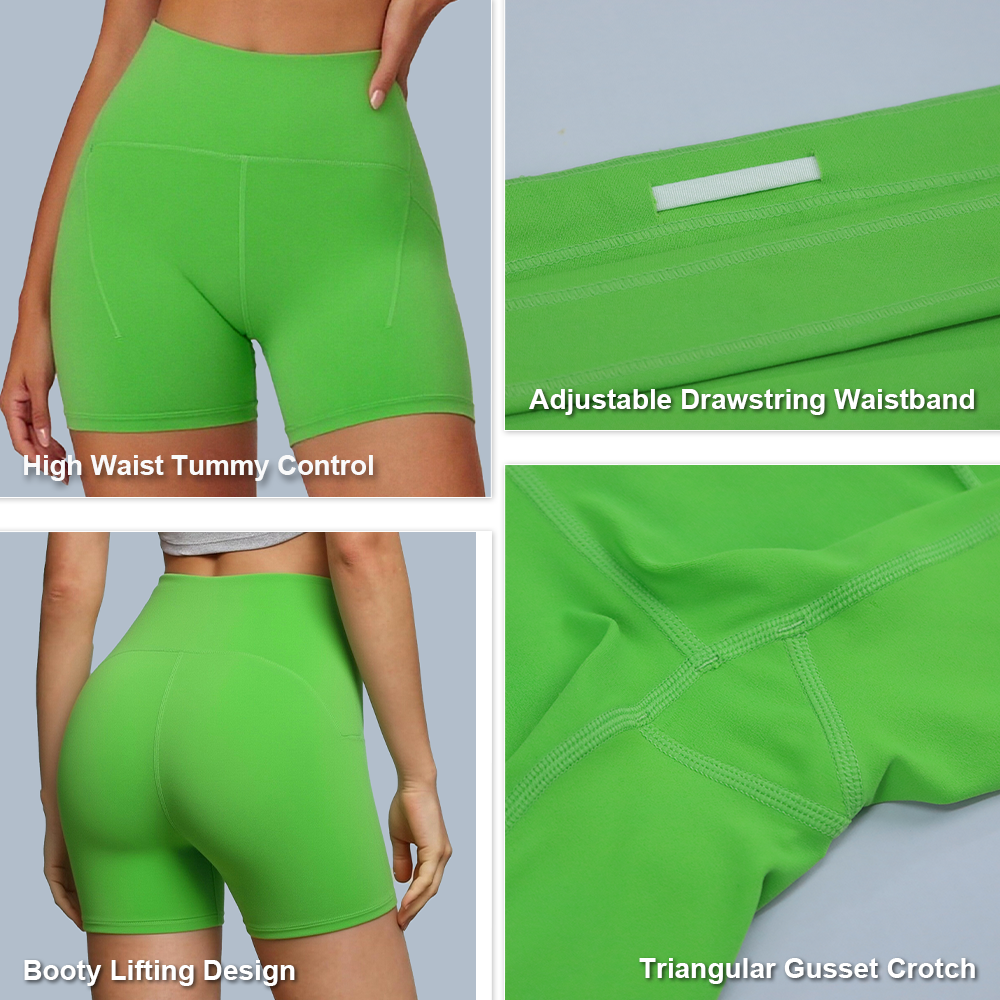 Women's High Waist Elastic Yoga Shorts Nylon Spandex Quick Dry Breathable Side Pocket Workout Running MOQ