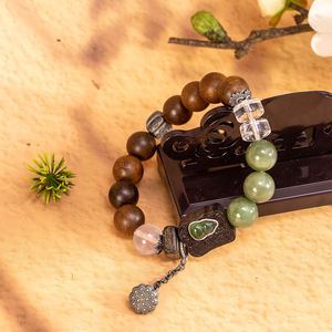 Classic Ethnic <b>Silver</b> Wood Beaded <b>Bracelet</b> Jade Crystal Accents | Handmade Lucky Gourd <b>Charm</b> Adjustable <b>Bracelet</b> for Men/Women - Product Image 1