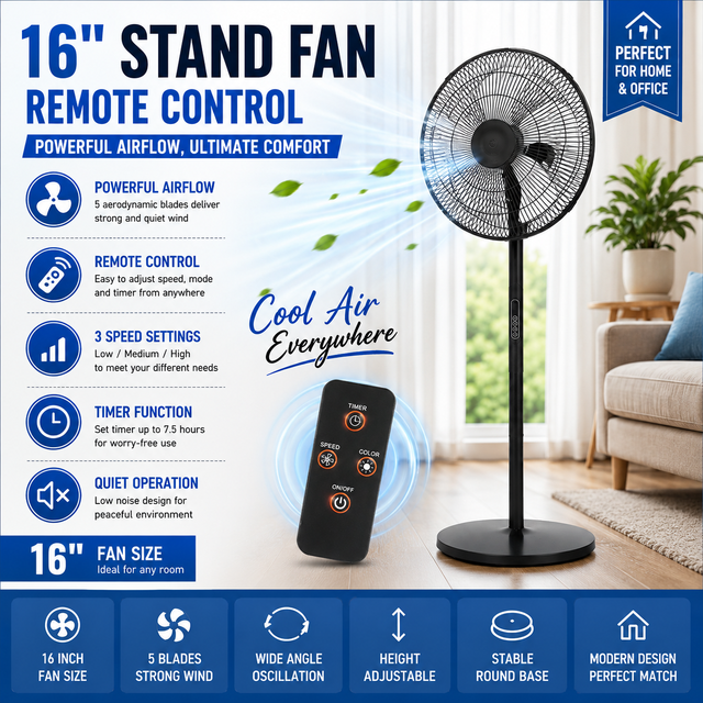 16-Inch Black Plastic Stand Fan with Remote Control Electric Air Cooling Digital Display for Household Use for Hotels