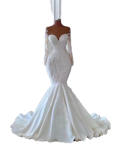 S3512R 2024 Vestido de Novia de Manga Larga con Cola de Sirena y Encaje, Técnica Estampada, Suministro ODM, Elegante Vestido de Boda Real - Product Image 1