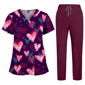 Conjuntos de Uniformes Médicos con Cuello en V y Estampado de Dibujos Animados 64001, Pantalones Rectos de Color Sólido, Tela Tejida de Spandex/Poliéster, Unisex - Product Image 1