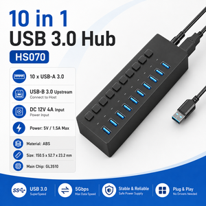 Hub <span class=keywords><strong>USB</strong></span> 3.0 a 10 Porte Alimentato con 10 Interruttori Individuali, Adattatore di Alimentazione 12V 4A, Custodia in ABS per PC - Disponibile - Product Image 5