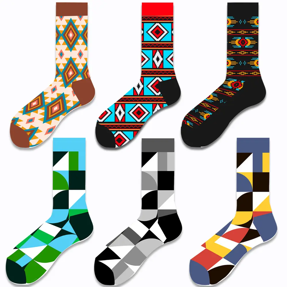 Xianghui venta al por mayor hermoso brillante diferente color patrón geométrico nuevo diseño algodón unisex calcetines divertidos para hombres