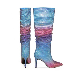 Bottes hautes pour femmes avec strass colorés et diamants mélangés, chaussures sexy à bout pointu et talon aiguille, bottes longues pour femme, grande taille 47, bottines - Product Image 6