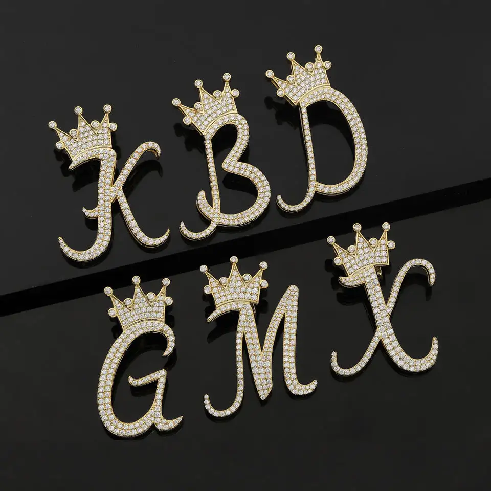Zircon Alphabet Hiphop Women Men Crown Hip Hop Gold Chain Necklace Initial Letter Pendant