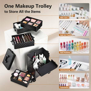 5 in 1 Makeup Train Case with Wheels <b>Rolling</b> Makeup Case Travel Nail Cart Cosmetic Organizer <b>Box</b> Extra Large Cosmetic Trolley - Product Image 2