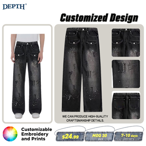 Pantalon de Jean Homme Style Vintage Grossiste – Jean Ample en Denim Lavé Clair à Jambes Larges avec Strass Ondulés, Tissage Tricoté - Product Image 1