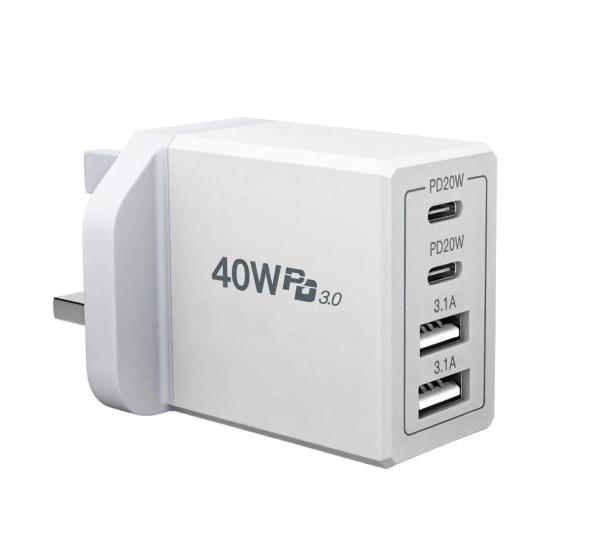 USB C 40W 4-port Travel Adapter USB QC3.0 Fast Charging Head UK Plug Universal Android Adapter