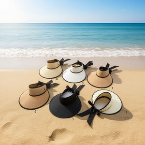 Cappello di paglia con bordo largo 10 cm, parte superiore aperta con fiocco, protezione solare unisex, abbigliamento estivo da spiaggia - Product Image 2