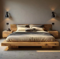 Cadre de lit en bois massif de style Japandi moderne et luxueux avec tête de lit en rotin tressé pour chambre principale, villa, hôtel, projet personnalisable