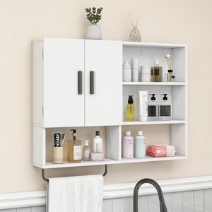 Armoire murale de salle de bain SENYU avec 2 portes, étagères ouvertes, barre porte-serviettes, rangement gain de place, design minimaliste - Product Image 1