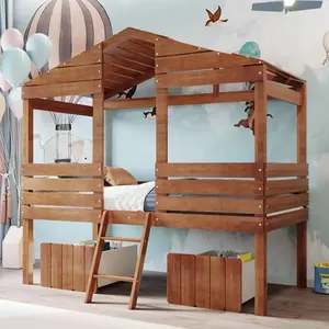 NOVA Modern Brown Kids Loft Bed with Storage Drawers and Ladder Solid Wood Low Single Toddler Bed Frame For Children Room