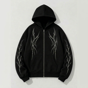 Sudadera con capucha gótica para hombre, con cremallera, de algodón negro, forro polar, estampado digital de cruz, corte regular, bolsillo frontal en la manga, lavado ácido, estilo invierno - Product Image 1