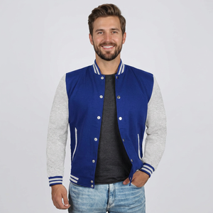 Blouson universitaire personnalisé bleu clair pour homme, style baseball, broderie noire, patchwork formel, polyester/coton - Product Image 1