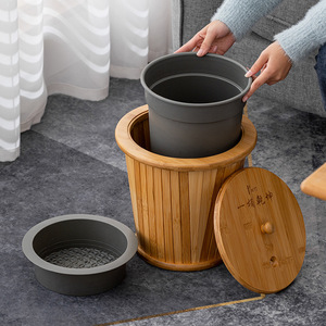 Bamboo Tea Dregs <b>Bucket</b> <b>With</b> <b>Lid</b> Natural Wood Color For Kung Fu Tea Ceremony Household Use - Product Image 3