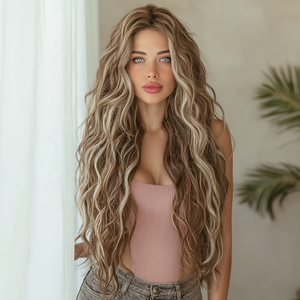 2025 mode Explosions chaudes 13*4 dentelle chameau or faits saillants ondulés cheveux bouclés fibre chimique coiffure SM9204B - Product Image 2