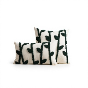 Minimalist Cotton Throw <b>Pillow</b> with Embroidered Plant Pattern Square Zipper Closure Washable <b>Decorative</b> Cushion Cover - Product Image 1