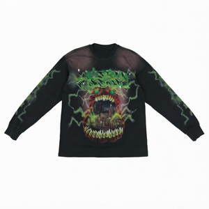 T-shirt à manches longues surdimensionné pour homme, streetwear, imprimé graphique noir avec motif, col rond, tricoté en polyester - Product Image 1