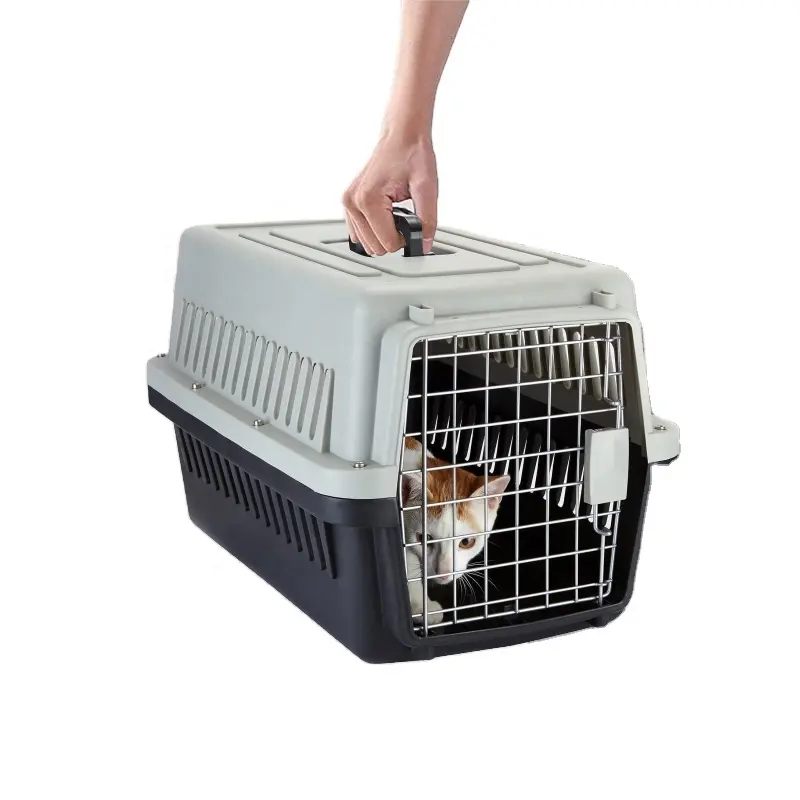 Gaiola de plástico para transporte de cães e gatos com porta cromada, caixa portátil para animais de estimação, aprovada pela companhia aérea, para uso ao ar livre