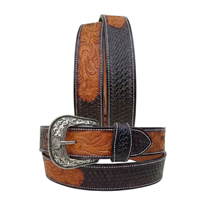 Premium Western Cowboy <b>Leather</b> <b>Belt</b> – Hand <b>Tooled</b> Floral & Basketweave Carved <b>Leather</b> with Vintage Buckle - Product Image 1
