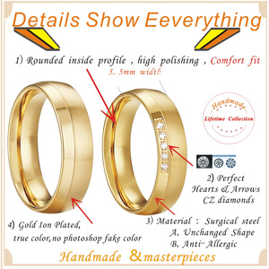 Vente en gros de 1 paire d'alliances de mariage pour couple en <span class=keywords><strong>acier</strong></span> <span class=keywords><strong>inoxydable</strong></span> 316L plaqué or 24 carats avec zircon, pour homme et <span class=keywords><strong>femme</strong></span> - Product Image 2