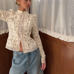 Camicette da donna a maniche lunghe traspiranti con colletto rialzato in pizzo da donna - Product Image 4