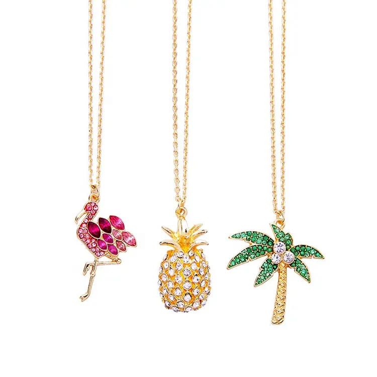 Ins Style Flamingo Pink Crystal Pendant Necklaces, Pineapple Pendants Tree Pendants Necklace Jewelry