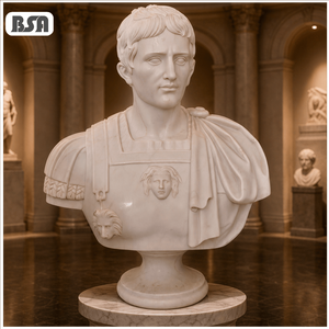 Busto de Augusto César en Mármol Blanco BSA, Escultura Clásica Romana Tallada a Mano del Emperador Octaviano con Armadura de Mármol - Product Image 1
