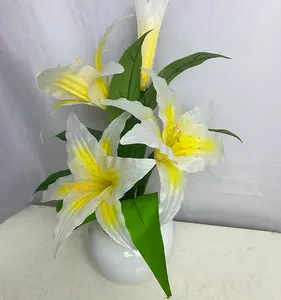 4 가지 인공 백합 꽃 라이트 옐로우 판매 장식 꽃 램프 POT와 잎과 꽃 가지
