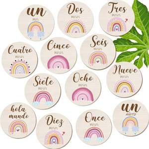 Bonjour <span class=keywords><strong>monde</strong></span> en bois poli bébé naissance douche jalon cartes arc-en-ciel Mile pierre disques pour la première année de bébé - Product Image 3