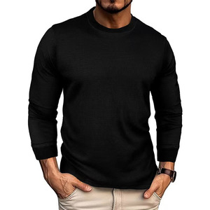 Nouveau <span class=keywords><strong>T</strong></span>-<span class=keywords><strong>shirt</strong></span> à manches longues gaufré Chemise ample à <span class=keywords><strong>col</strong></span> rond de couleur unie pour hommes - Product Image 3