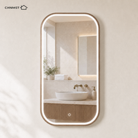 Miroir de salle de bain LED sur mesure avec cadre en bois, éclairage frontal, coins arrondis, capteur tactile, fixation murale