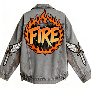 Chaqueta Vaquera Gris Extra Grande Personalizada con Bordado de Llamas |   Chaqueta Urbana de Estilo Graffiti con Parche Trasero para Hombre/Mujer - Product Image 1