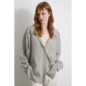 Camisa a Rayas con Mangas Murciélago para Mujer, Estilo Boyfriend en Popelina Caqui, Diseño Asimétrico, para Uso Diario - Product Image 4