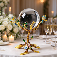 Sphère décorative en cristal avec oiseau émaillé sur support d'arbre doré, ornement de table artistique pour mariage et maison