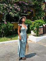 Robe de soirée longue bleu lac Nicecover, col en V, dentelle, satin, fines bretelles, coupe ajustée, idéale pour les vacances et les sorties – Nouvelle collection très prisée