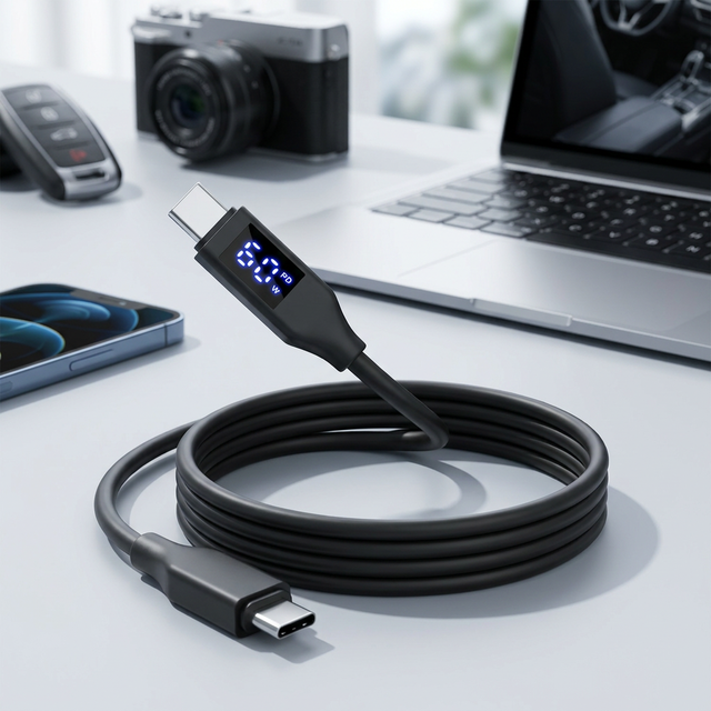 60W Silicone Type-C Fast Charging Cable with Digital Display for IOS Phone Camera Computer Earphone Car
