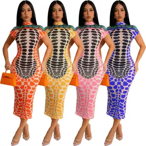 Gaun maxi Panjang leher tinggi wanita, gaun bodycon turtleneck pesta pernikahan tamu rajut elegan desainer lengan pendek motif Afrika musim panas untuk wanita