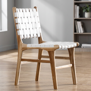 Chaise de jardin moderne en bois avec assise tressée blanche, pieds coniques, design mi-siècle, mobilier de salle à manger d'extérieur - Product Image 3