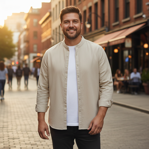 Chemise en lin et coton respirante à la vente chaude, chemise décontractée ample, couleur unie, manches longues, <span class=keywords><strong>col</strong></span> mandarin, chemises pour hommes - Product Image 1