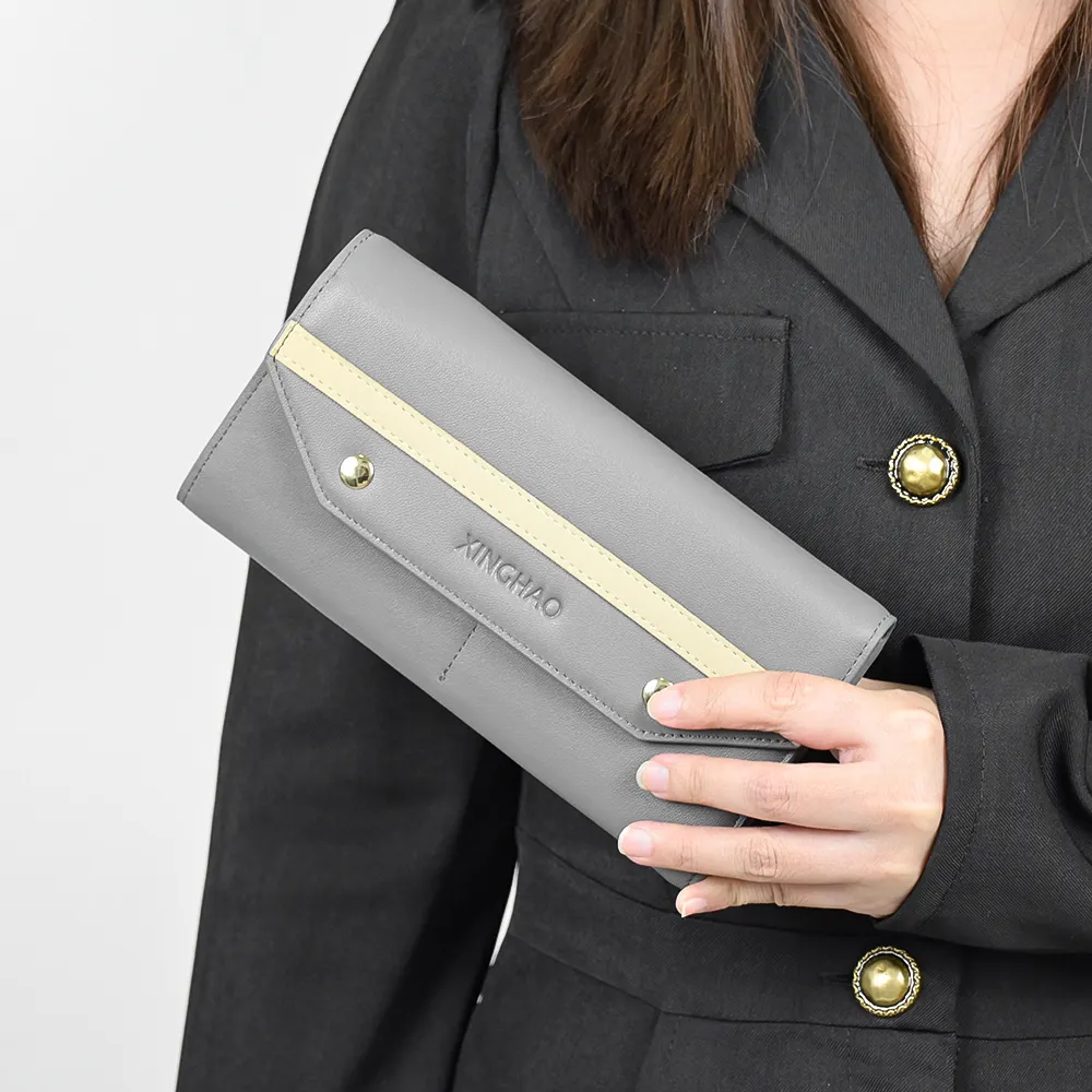 individuelles luxus grau echtes rindsleder rfid lange damen frauen brieftaschen für frauen