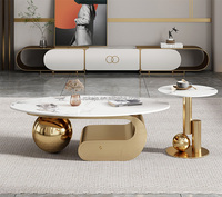 Table basse ovale moderne en acier inoxydable doré Art Sense avec tiroir, ensemble de tables d'appoint de luxe avec plateau en roche