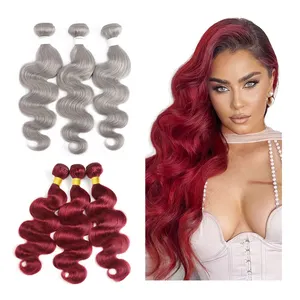 Shinein bundel rambut berwarna serat suhu tinggi ekstensi bundel rambut merah abu-abu gelombang tubuh sintetis