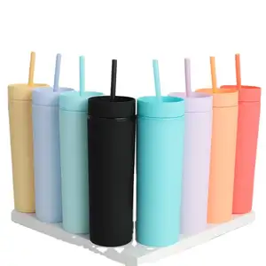 Bán buôn 16oz mỏng gầy Acrylic Pastel màu Matte Tumblers nhựa tái sử dụng cốc cốc với rơm