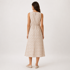 Robe midi sans manches en gingham beige personnalisée pour femme, col rond, taille élastique, en coton et lin, coupe trapèze, robe <span class=keywords><strong>d</strong></span>'été OEM ODM pour marques - Product Image 2