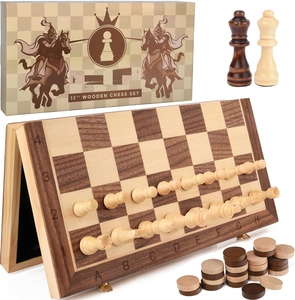 Juego de Ajedrez de madera magnético de 15 pulgadas con 2 mesas de almacenamiento plegables Extra Queens para niños y adultos - Product Image 1